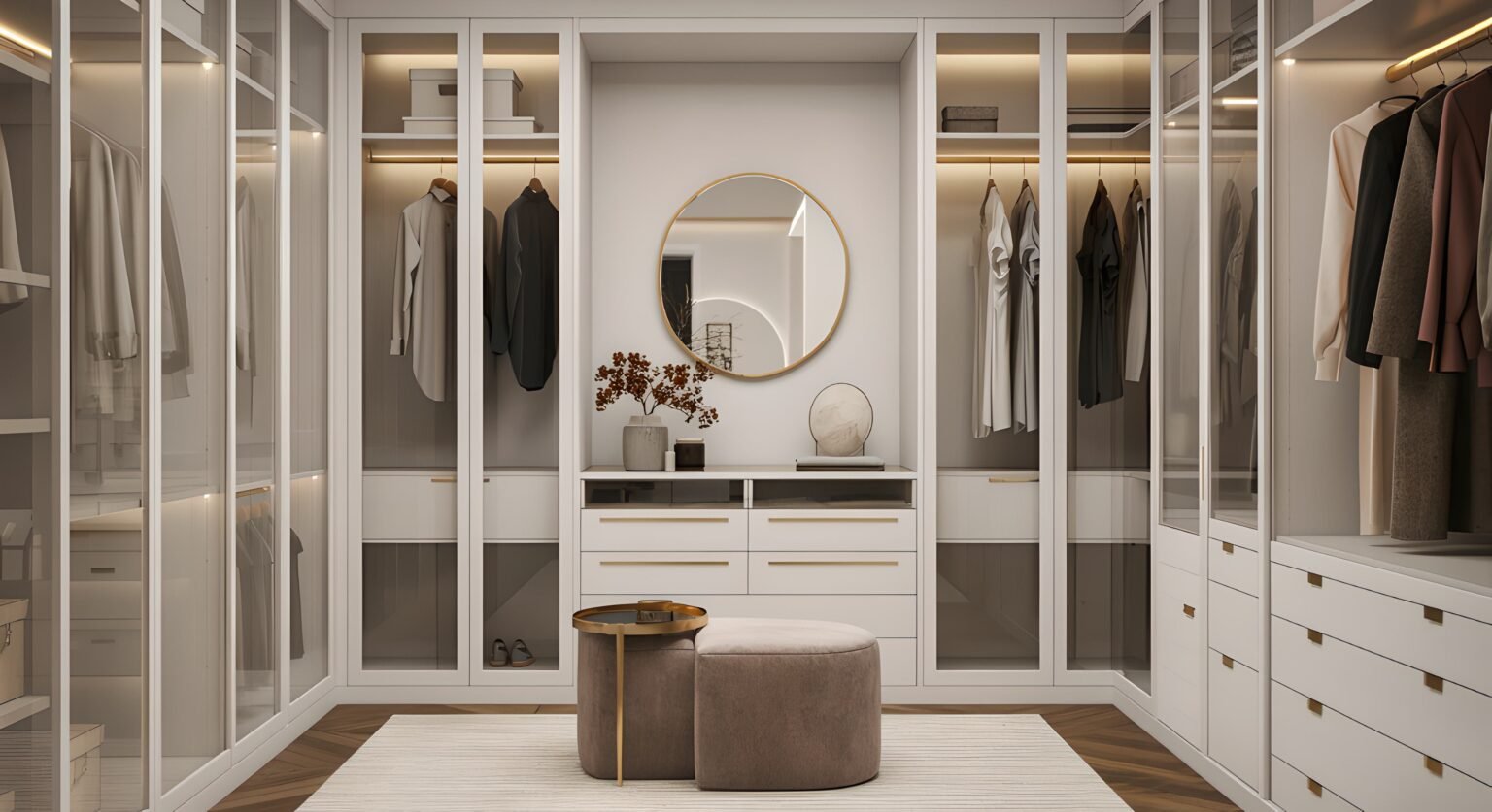 Walk In Closet Glass Doors White and Gold